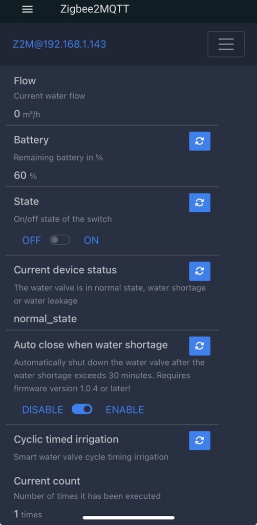 Zigbee2MQTT page of a Sonoff SWV valve: flow, battery, state, water-shortage auto-close and cyclic timed irrigation
