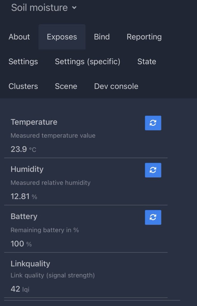 Zigbee2MQTT exposes of the Third Reality soil sensor: temperature, humidity, battery, link quality