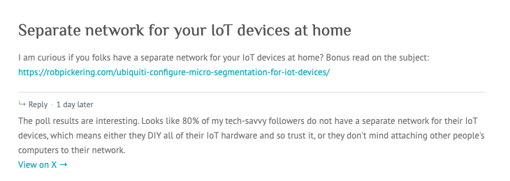 Text-only imported post: a question about separate IoT networks, a reply marker reading 1 day later, and the poll results