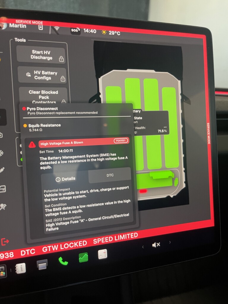 Tesla Model 3 Service Mode showing DTC P0A9501 High Voltage Fuse A Blown with pyro disconnect squib resistance 5.744 ohm