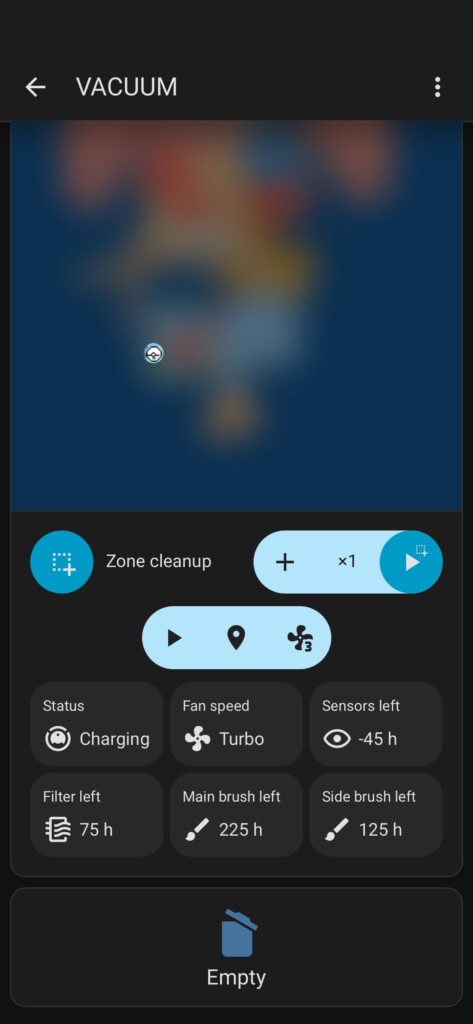 The vacuum view in Home Assistant, map dimmed